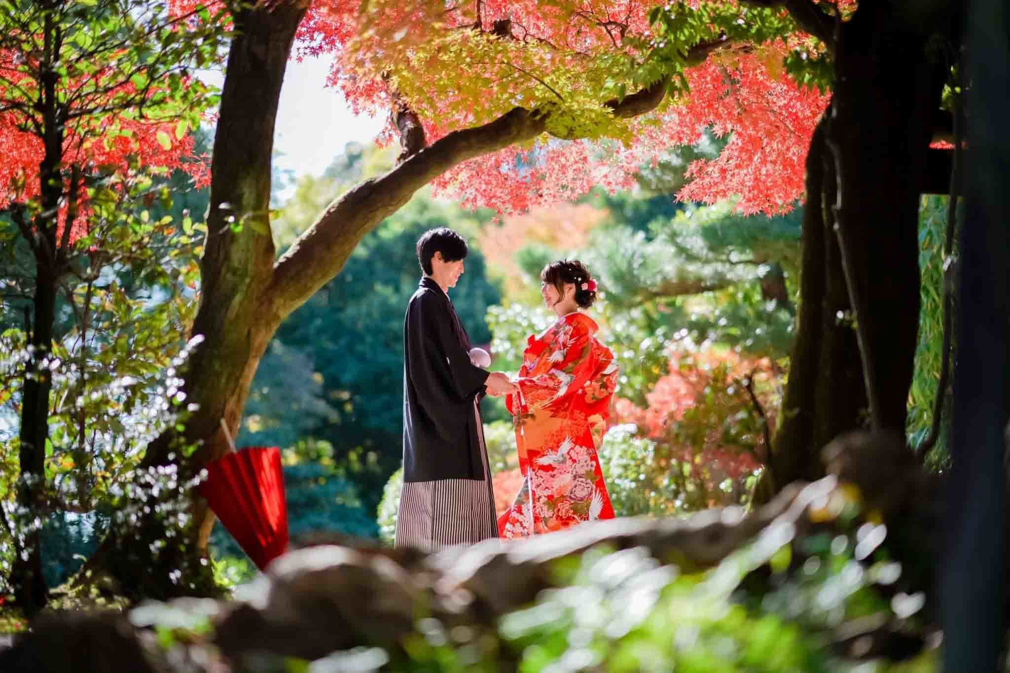 名古屋紅葉前撮りで見つめ合う新郎新婦